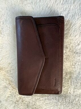 Fossil Brown Trifold Genuine Leather Clutch Wallet Checkbook Wallet